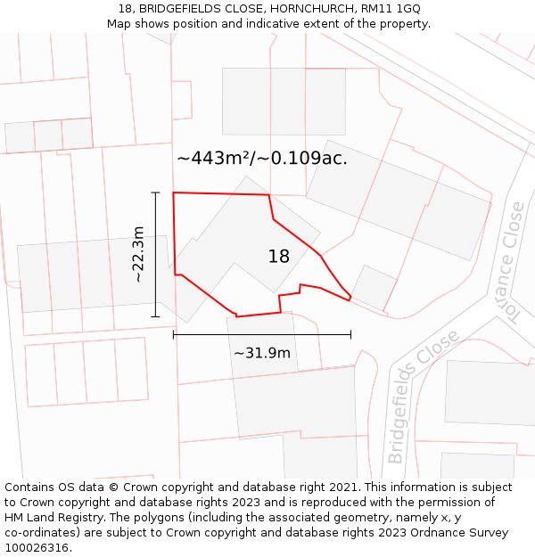 18, BRIDGEFIELDS CLOSE, HORNCHURCH, RM11 1GQ: Plot and title map