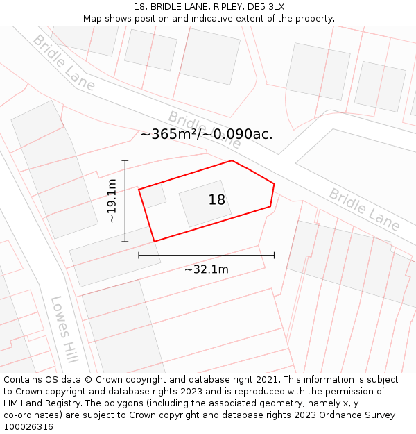 18, BRIDLE LANE, RIPLEY, DE5 3LX: Plot and title map