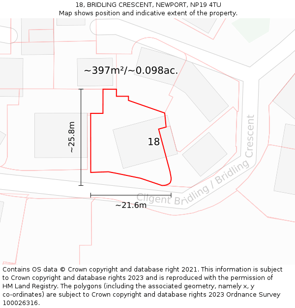 18, BRIDLING CRESCENT, NEWPORT, NP19 4TU: Plot and title map