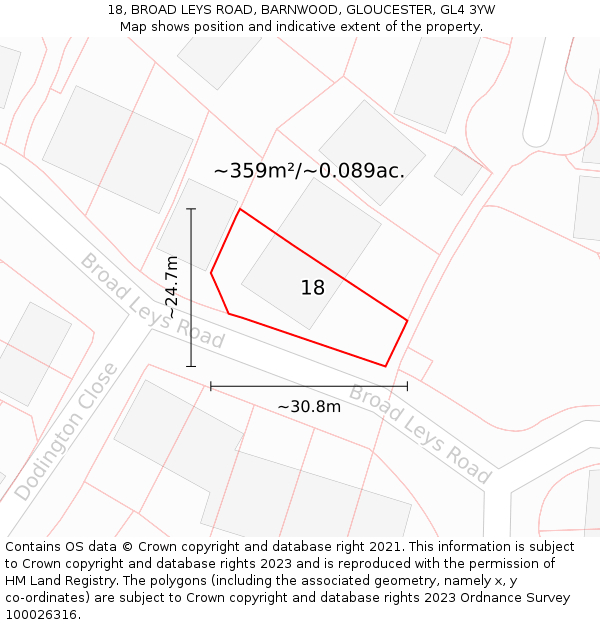 18, BROAD LEYS ROAD, BARNWOOD, GLOUCESTER, GL4 3YW: Plot and title map