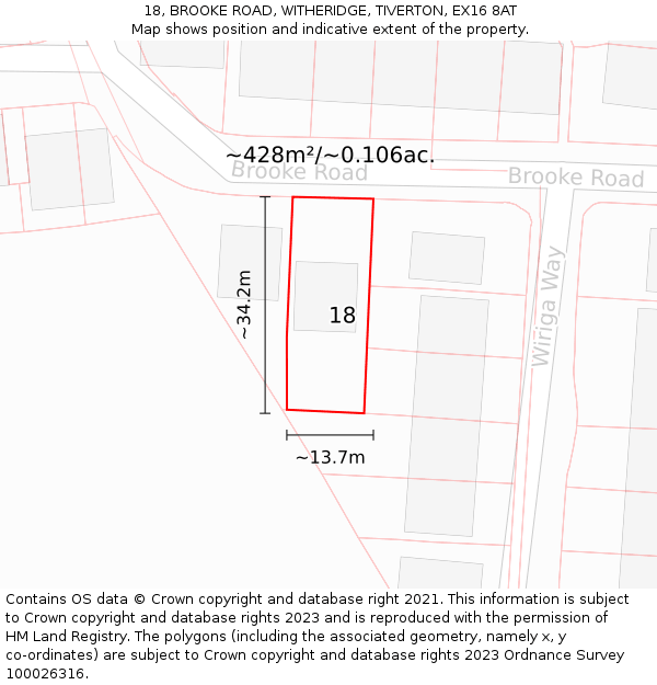 18, BROOKE ROAD, WITHERIDGE, TIVERTON, EX16 8AT: Plot and title map