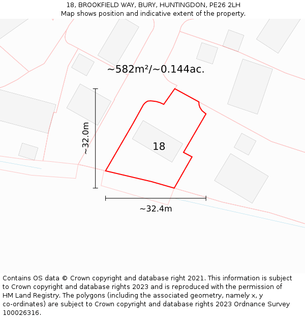 18, BROOKFIELD WAY, BURY, HUNTINGDON, PE26 2LH: Plot and title map