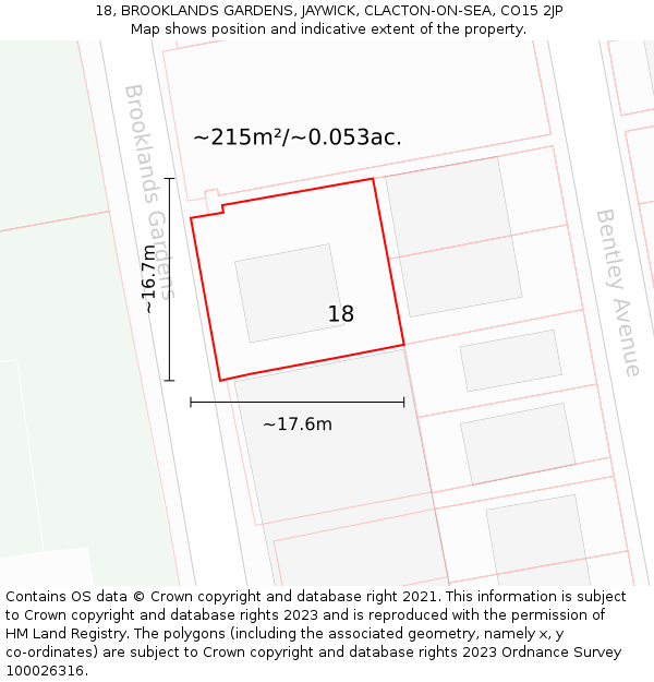 18, BROOKLANDS GARDENS, JAYWICK, CLACTON-ON-SEA, CO15 2JP: Plot and title map