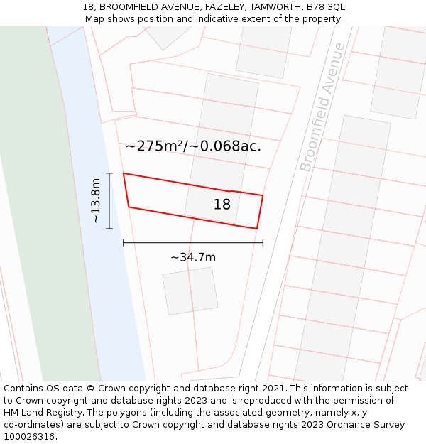 18, BROOMFIELD AVENUE, FAZELEY, TAMWORTH, B78 3QL: Plot and title map