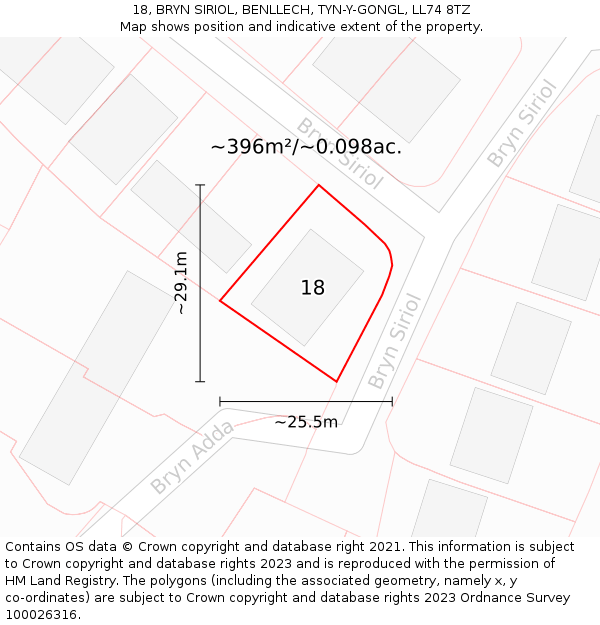 18, BRYN SIRIOL, BENLLECH, TYN-Y-GONGL, LL74 8TZ: Plot and title map