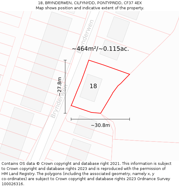 18, BRYNDERWEN, CILFYNYDD, PONTYPRIDD, CF37 4EX: Plot and title map