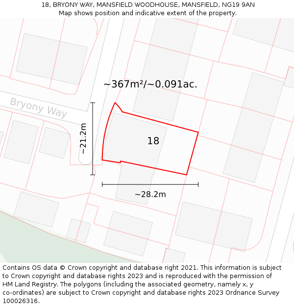 18, BRYONY WAY, MANSFIELD WOODHOUSE, MANSFIELD, NG19 9AN: Plot and title map