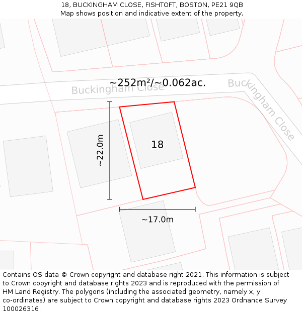 18, BUCKINGHAM CLOSE, FISHTOFT, BOSTON, PE21 9QB: Plot and title map