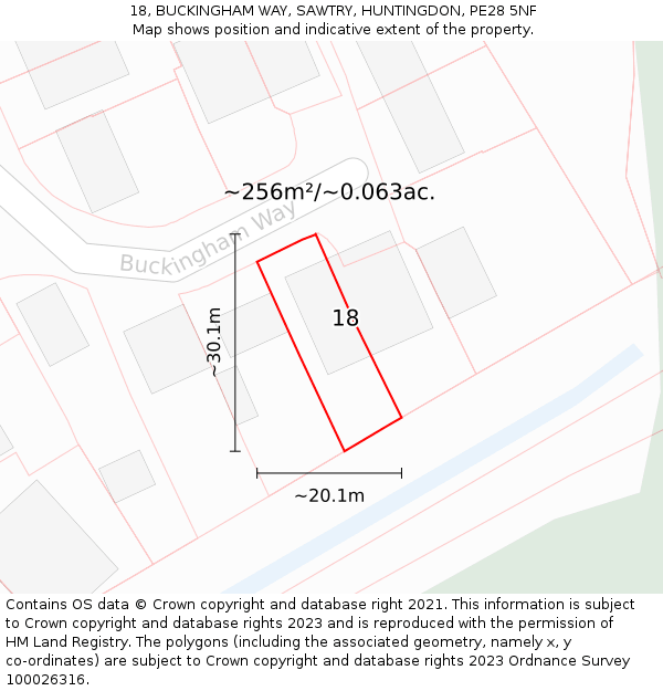 18, BUCKINGHAM WAY, SAWTRY, HUNTINGDON, PE28 5NF: Plot and title map