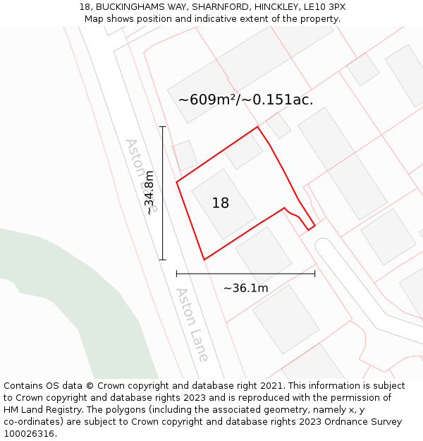 18, BUCKINGHAMS WAY, SHARNFORD, HINCKLEY, LE10 3PX: Plot and title map