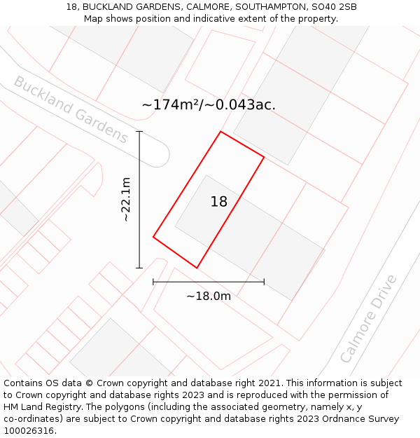 18, BUCKLAND GARDENS, CALMORE, SOUTHAMPTON, SO40 2SB: Plot and title map