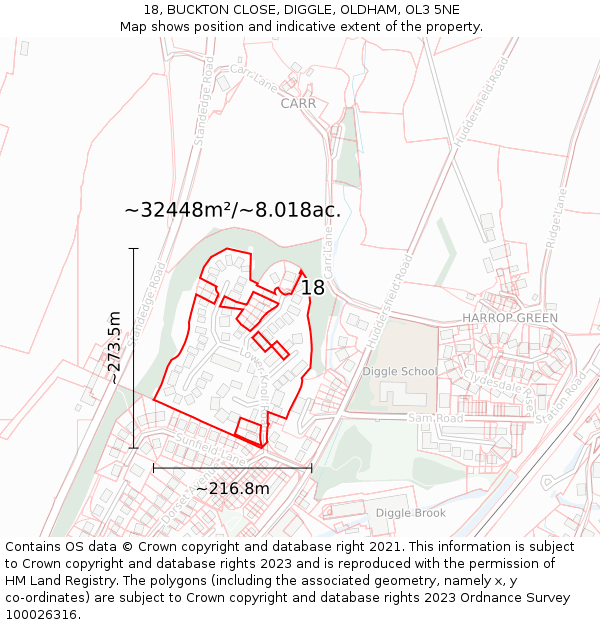 18, BUCKTON CLOSE, DIGGLE, OLDHAM, OL3 5NE: Plot and title map