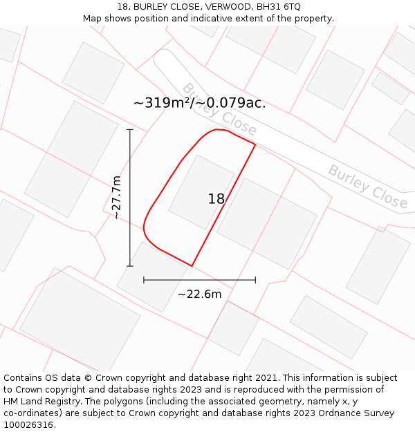 18, BURLEY CLOSE, VERWOOD, BH31 6TQ: Plot and title map
