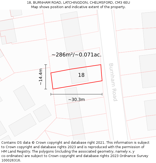 18, BURNHAM ROAD, LATCHINGDON, CHELMSFORD, CM3 6EU: Plot and title map