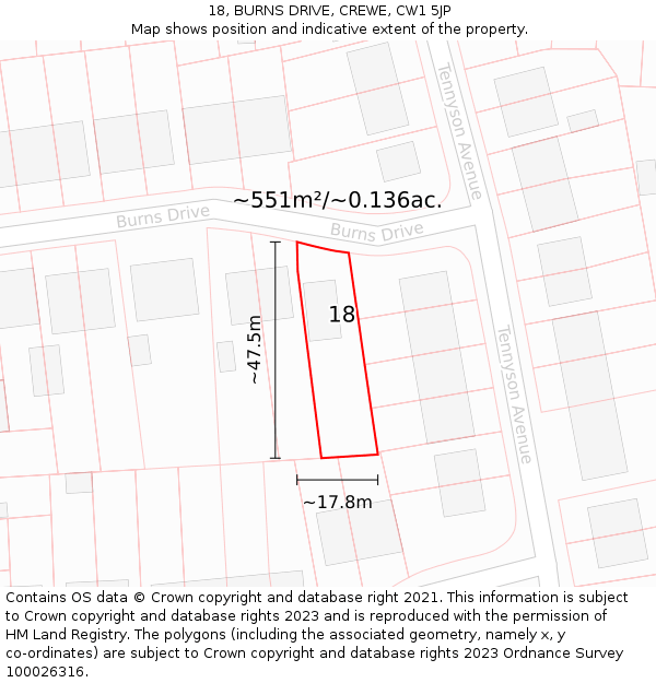 18, BURNS DRIVE, CREWE, CW1 5JP: Plot and title map