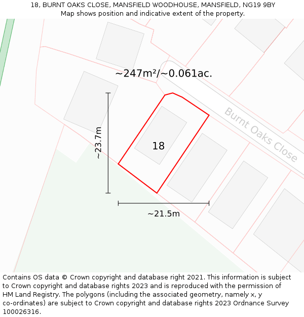 18, BURNT OAKS CLOSE, MANSFIELD WOODHOUSE, MANSFIELD, NG19 9BY: Plot and title map