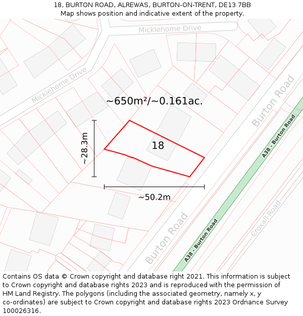 18, BURTON ROAD, ALREWAS, BURTON-ON-TRENT, DE13 7BB: Plot and title map