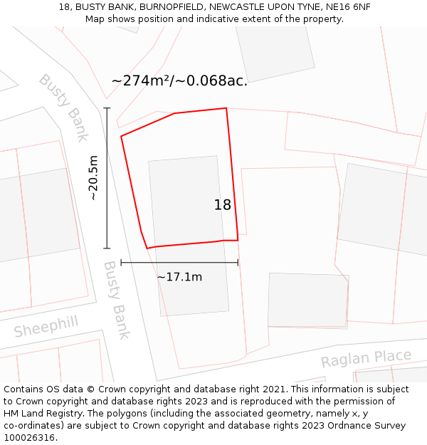 18, BUSTY BANK, BURNOPFIELD, NEWCASTLE UPON TYNE, NE16 6NF: Plot and title map