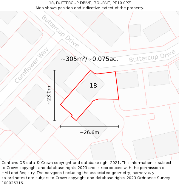 18, BUTTERCUP DRIVE, BOURNE, PE10 0PZ: Plot and title map