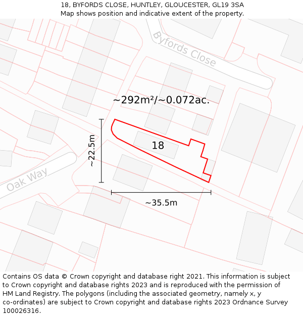 18, BYFORDS CLOSE, HUNTLEY, GLOUCESTER, GL19 3SA: Plot and title map