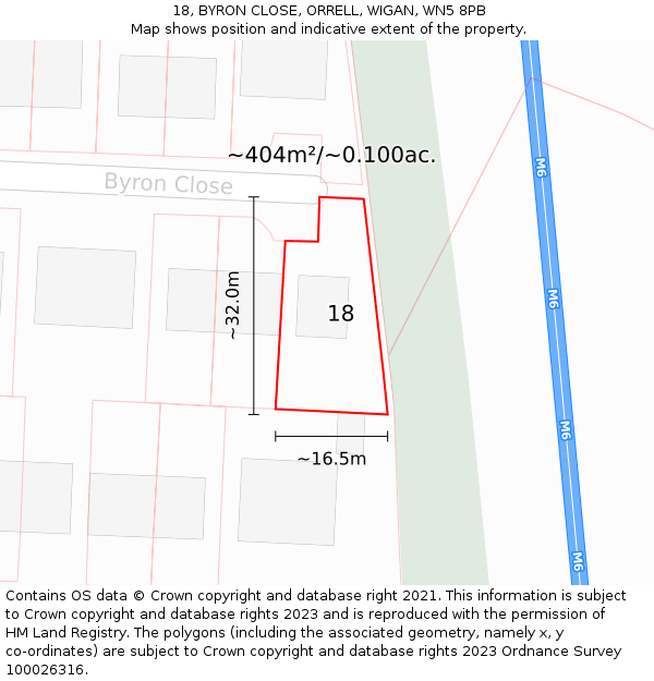 18, BYRON CLOSE, ORRELL, WIGAN, WN5 8PB: Plot and title map