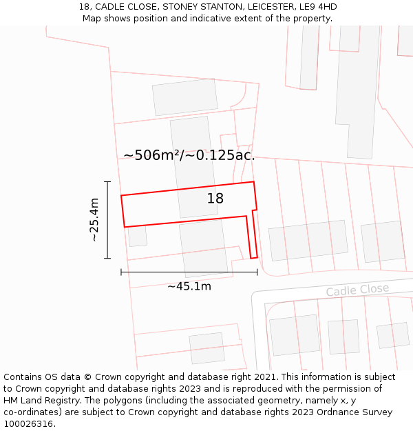 18, CADLE CLOSE, STONEY STANTON, LEICESTER, LE9 4HD: Plot and title map