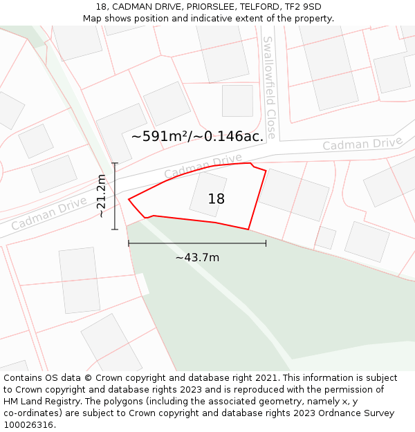 18, CADMAN DRIVE, PRIORSLEE, TELFORD, TF2 9SD: Plot and title map