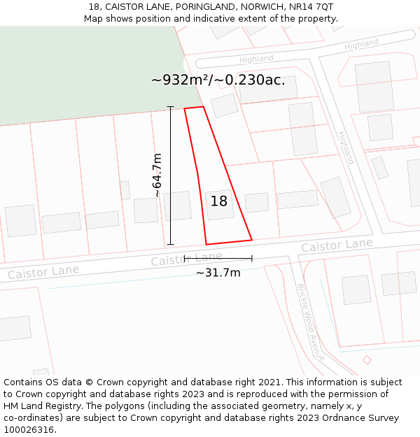 18, CAISTOR LANE, PORINGLAND, NORWICH, NR14 7QT: Plot and title map