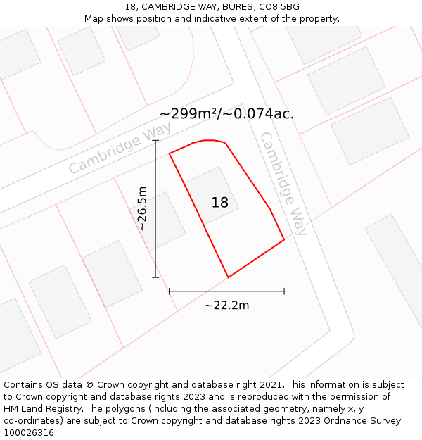 18, CAMBRIDGE WAY, BURES, CO8 5BG: Plot and title map