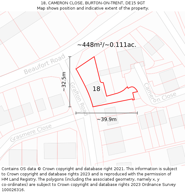 18, CAMERON CLOSE, BURTON-ON-TRENT, DE15 9GT: Plot and title map