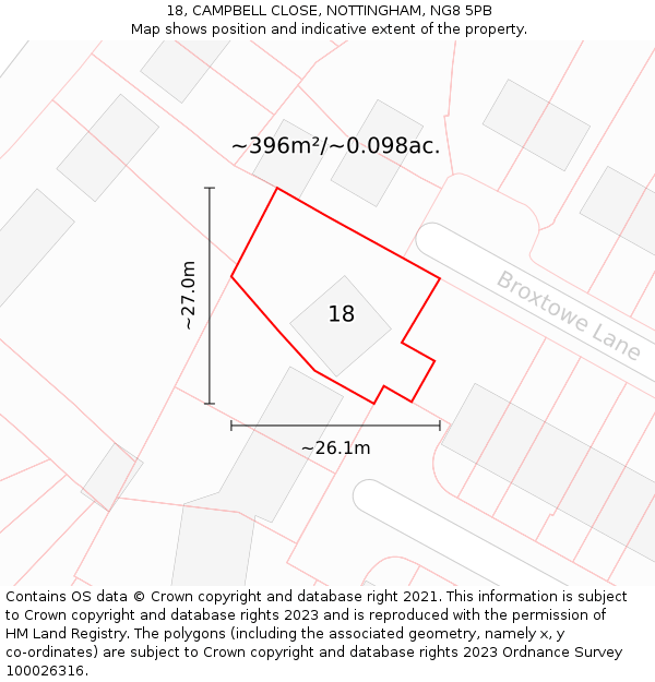 18, CAMPBELL CLOSE, NOTTINGHAM, NG8 5PB: Plot and title map