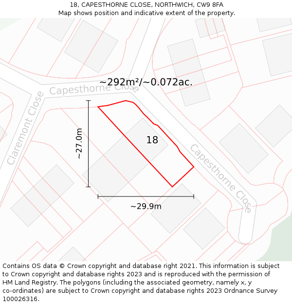 18, CAPESTHORNE CLOSE, NORTHWICH, CW9 8FA: Plot and title map