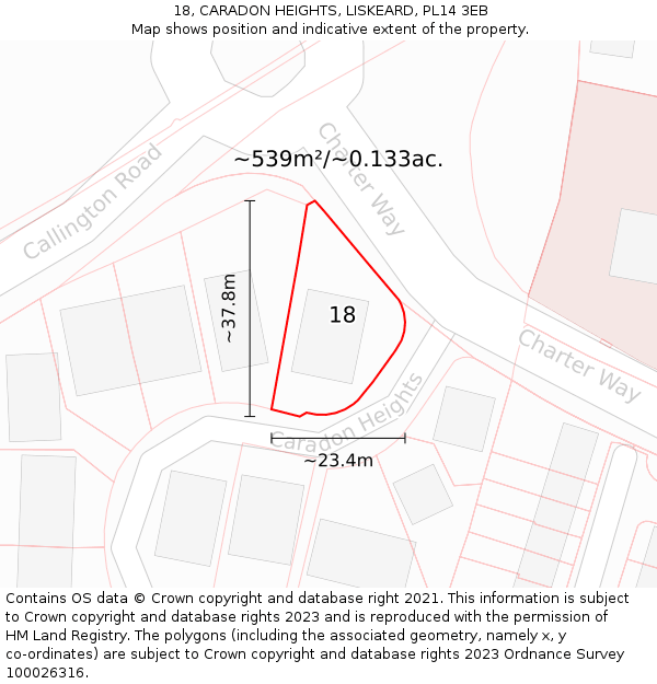 18, CARADON HEIGHTS, LISKEARD, PL14 3EB: Plot and title map