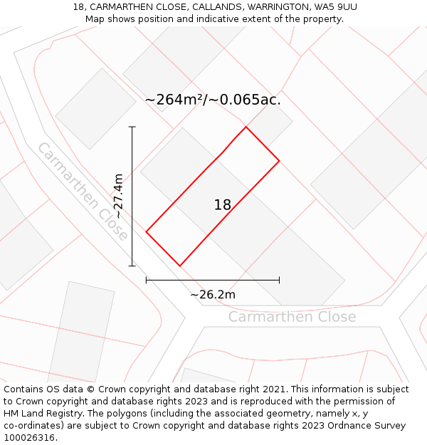 18, CARMARTHEN CLOSE, CALLANDS, WARRINGTON, WA5 9UU: Plot and title map