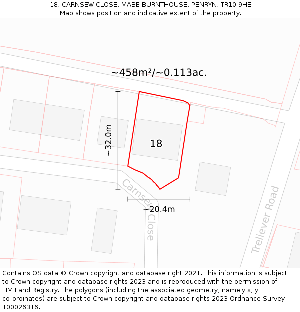 18, CARNSEW CLOSE, MABE BURNTHOUSE, PENRYN, TR10 9HE: Plot and title map