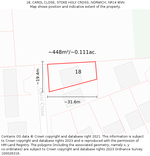 18, CAROL CLOSE, STOKE HOLY CROSS, NORWICH, NR14 8NN: Plot and title map