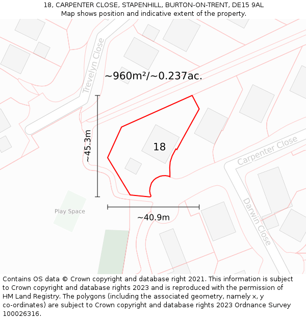18, CARPENTER CLOSE, STAPENHILL, BURTON-ON-TRENT, DE15 9AL: Plot and title map