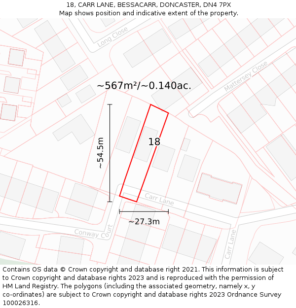 18, CARR LANE, BESSACARR, DONCASTER, DN4 7PX: Plot and title map