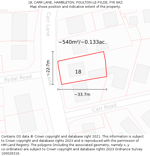 18, CARR LANE, HAMBLETON, POULTON-LE-FYLDE, FY6 9AZ: Plot and title map