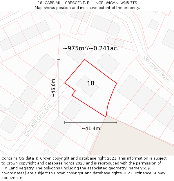 18, CARR MILL CRESCENT, BILLINGE, WIGAN, WN5 7TS: Plot and title map