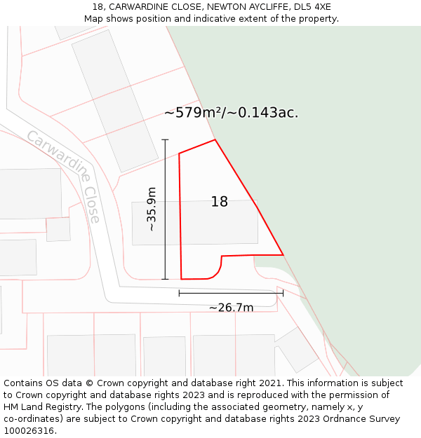 18, CARWARDINE CLOSE, NEWTON AYCLIFFE, DL5 4XE: Plot and title map