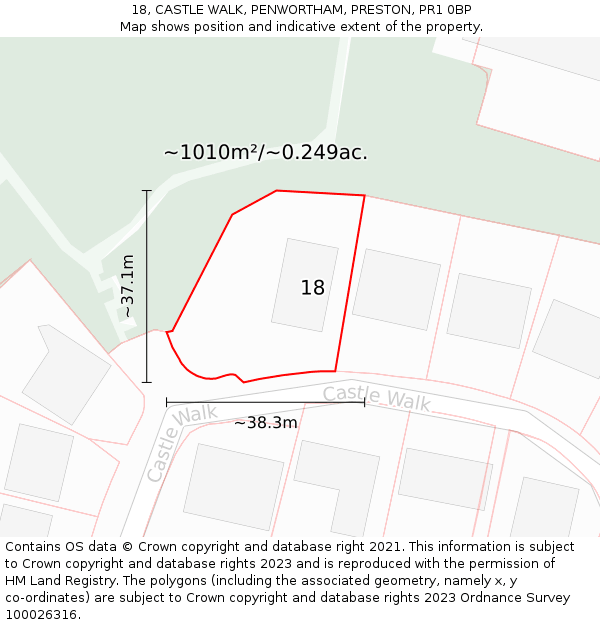 18, CASTLE WALK, PENWORTHAM, PRESTON, PR1 0BP: Plot and title map