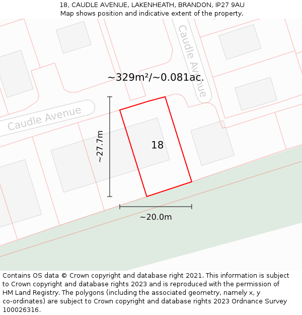 18, CAUDLE AVENUE, LAKENHEATH, BRANDON, IP27 9AU: Plot and title map