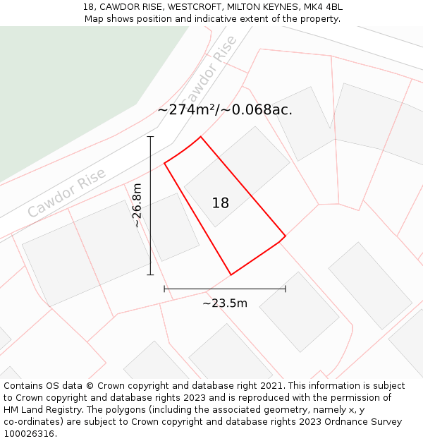 18, CAWDOR RISE, WESTCROFT, MILTON KEYNES, MK4 4BL: Plot and title map