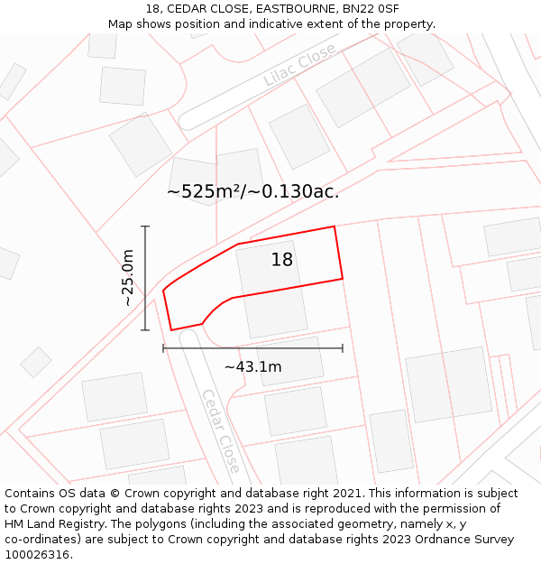 18, CEDAR CLOSE, EASTBOURNE, BN22 0SF: Plot and title map
