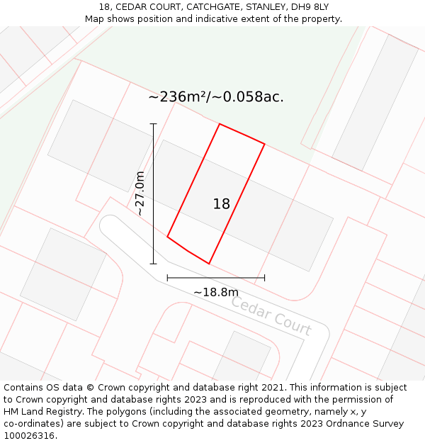 18, CEDAR COURT, CATCHGATE, STANLEY, DH9 8LY: Plot and title map