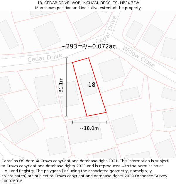 18, CEDAR DRIVE, WORLINGHAM, BECCLES, NR34 7EW: Plot and title map