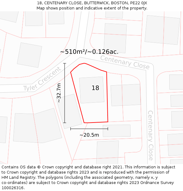 18, CENTENARY CLOSE, BUTTERWICK, BOSTON, PE22 0JX: Plot and title map