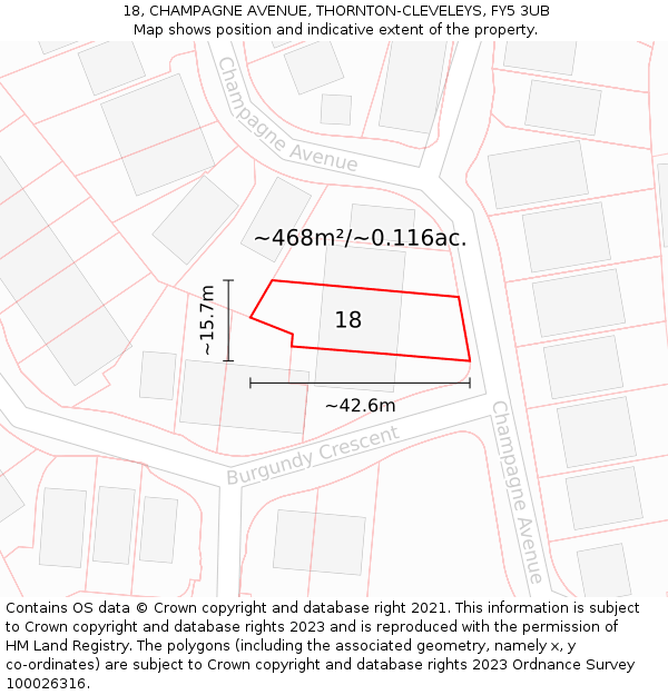 18, CHAMPAGNE AVENUE, THORNTON-CLEVELEYS, FY5 3UB: Plot and title map