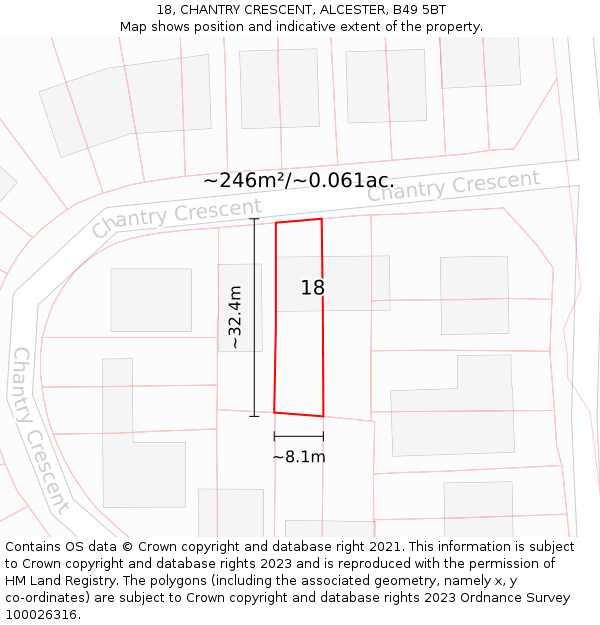 18, CHANTRY CRESCENT, ALCESTER, B49 5BT: Plot and title map